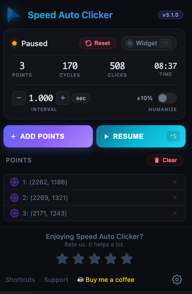 Popup showing full control with point list and stats