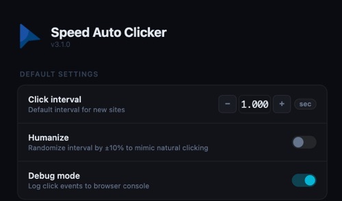 Settings page with interval, humanize and debug toggles